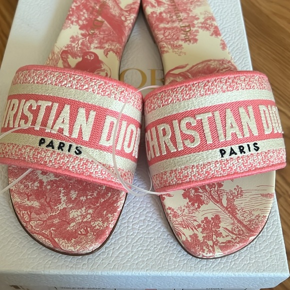 Dior off white and light pink dway toile de jouy embroidered slide - Picture 3 of 9